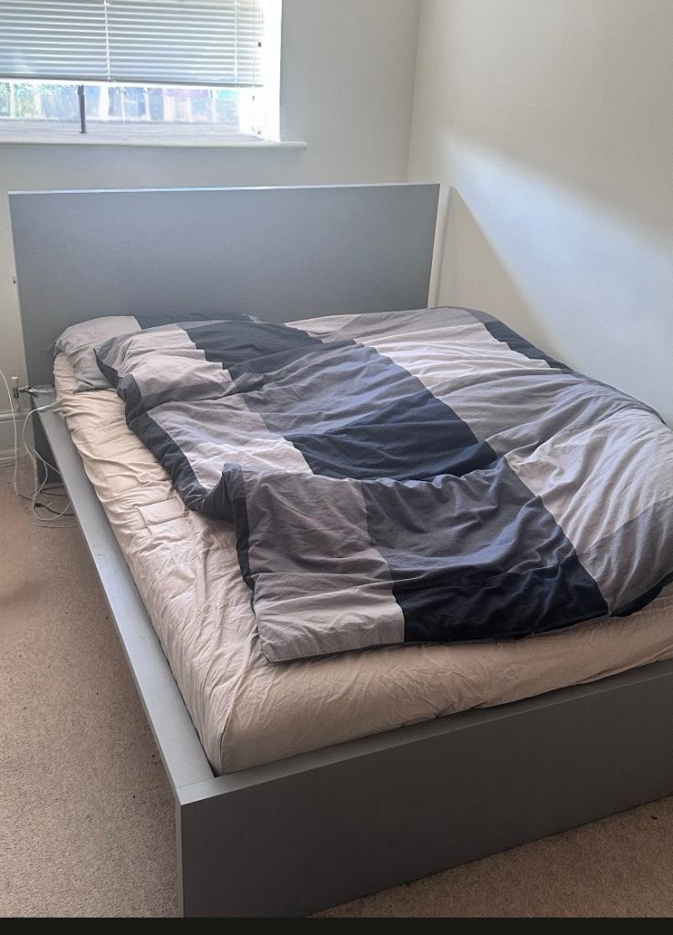 IKEA bed Grey Double Bed Frame with Headboard – Good Condition Wood