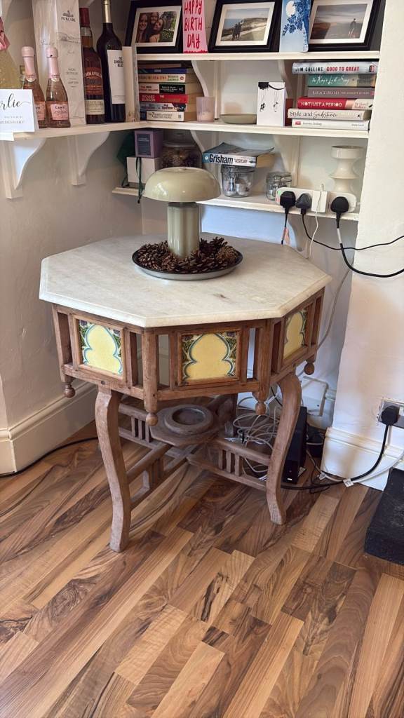 Octagonal Wooden Coffee Table with Marble Top and Tiled Sides
