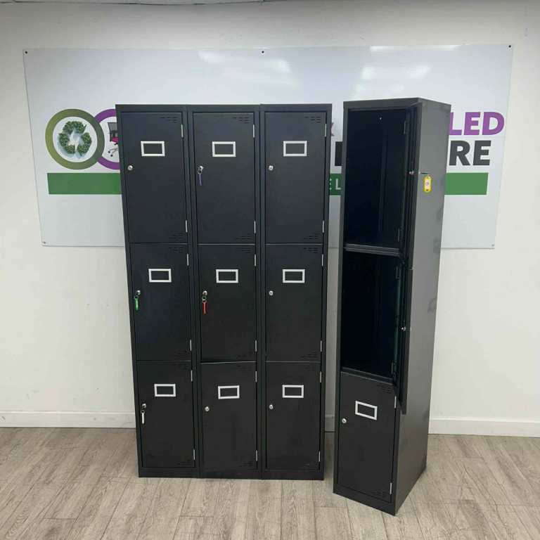 3-Compartment Locker Unit – Black Metal, Lockable, With Keys, H1780mm - GYM OFFICE SCHOOLM