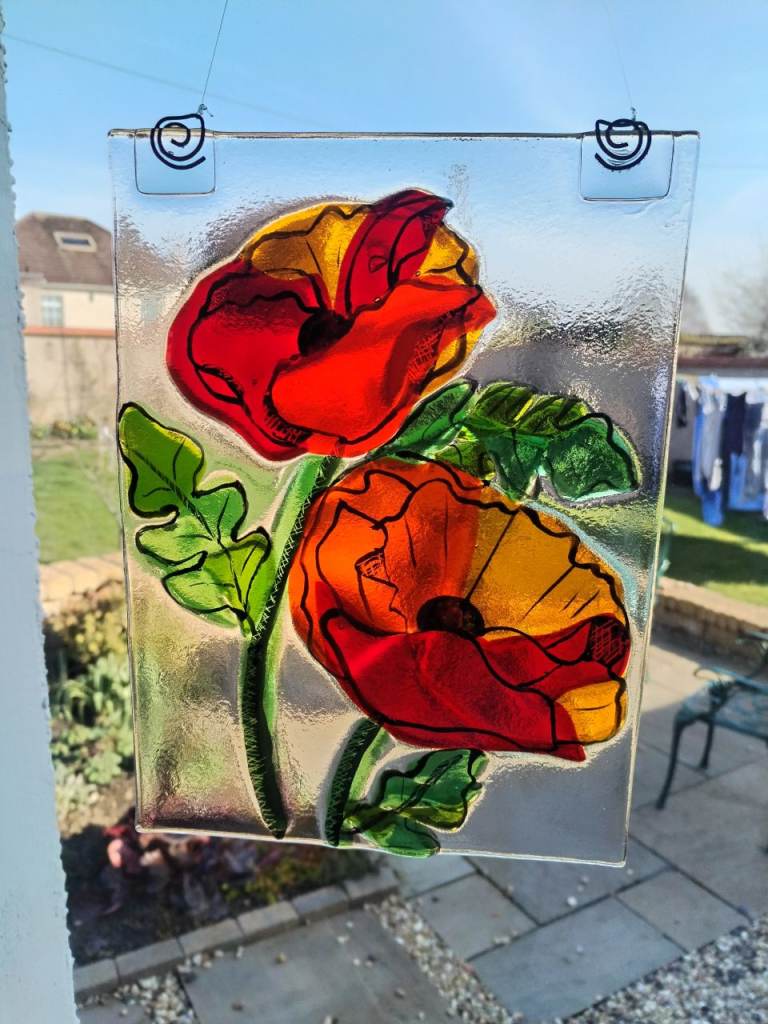Beautiful handmade fused glass window hanging panel ( sun catcher)