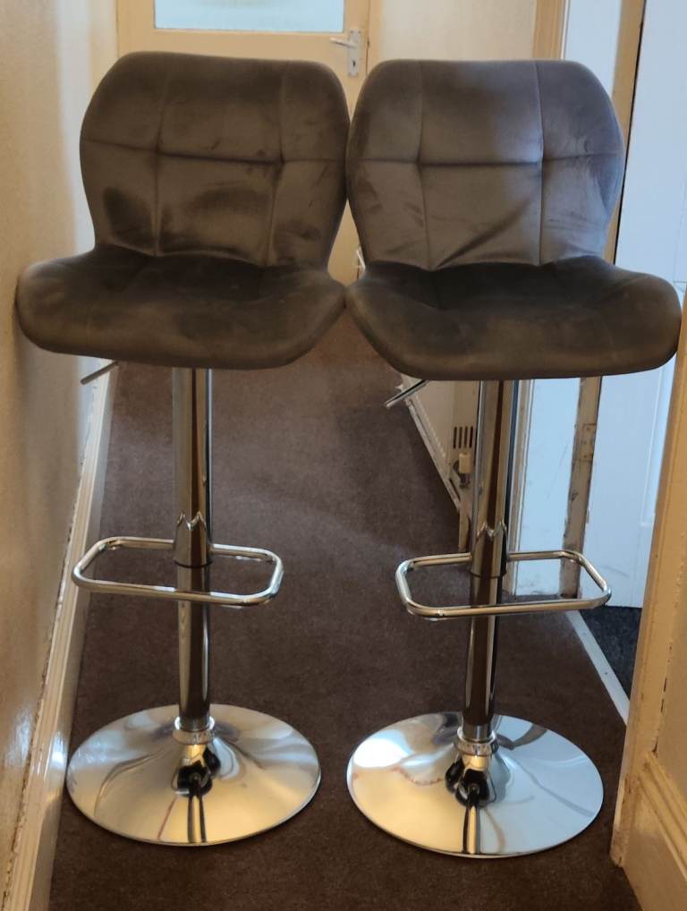 Pair of Grey Velvet Bar Stools – Excellent Condition