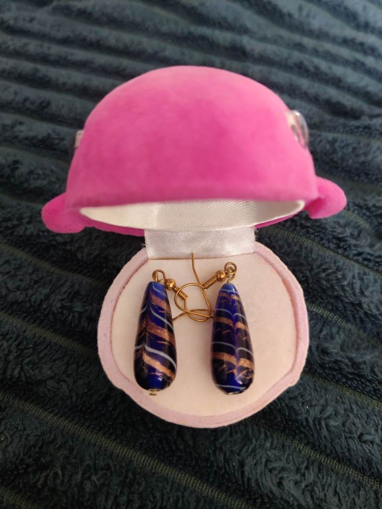 Navy blue murano glass long pear drop earrings