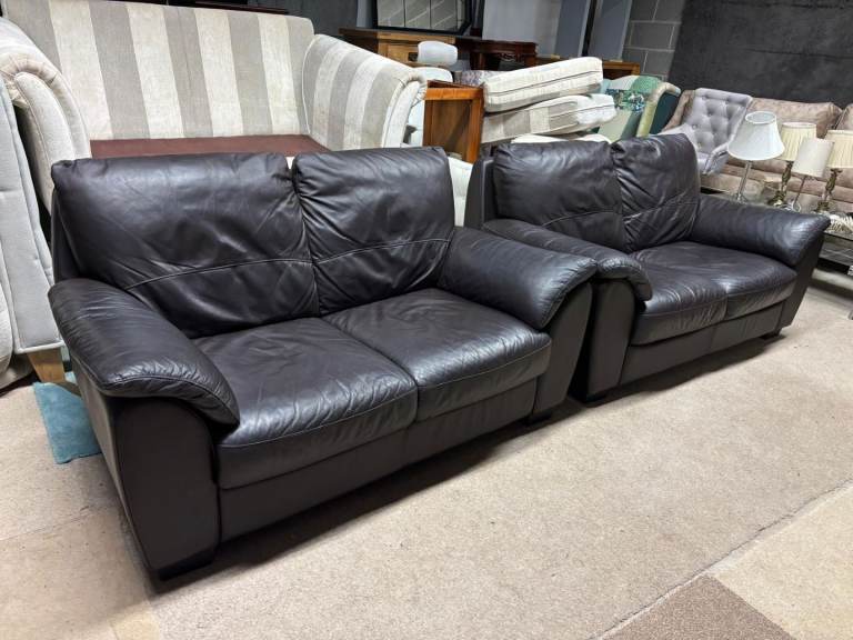 Dark Brown Leather 2 and 2 Seater Sofas 