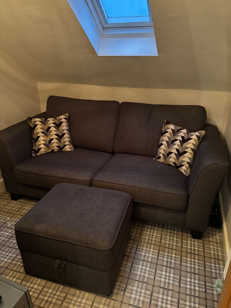 Grey 2seater sofa + storage foot stool