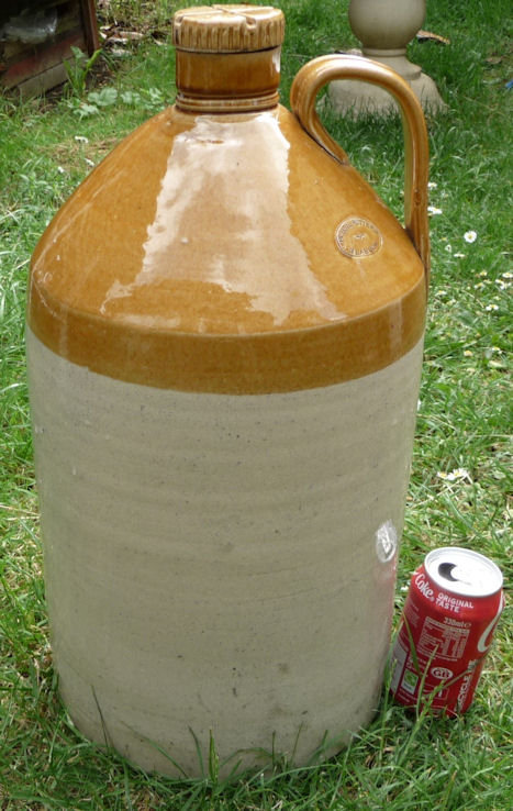 OLD 3 GALLON POSSIL 2 TONE BRISTOL GLAZED FLAGON for TENNENTS BREWERY GLASGOW