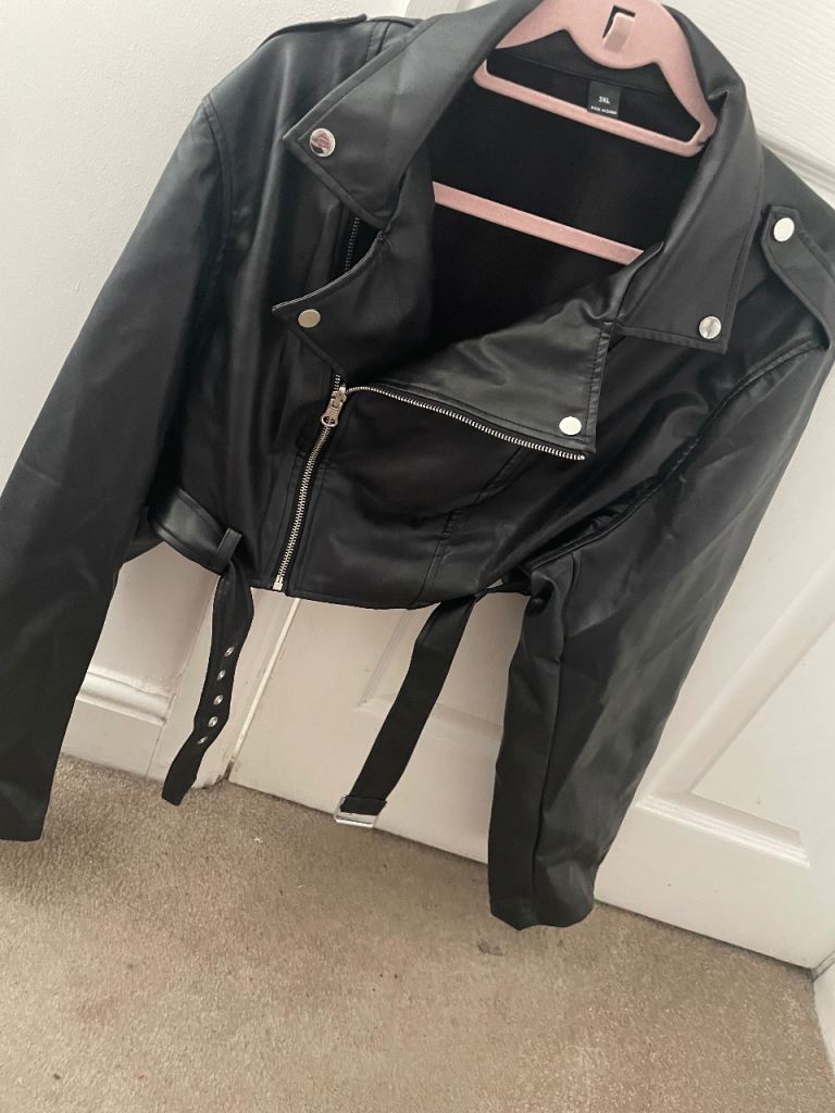 Black Faux Leather Biker Jacket - 3XL