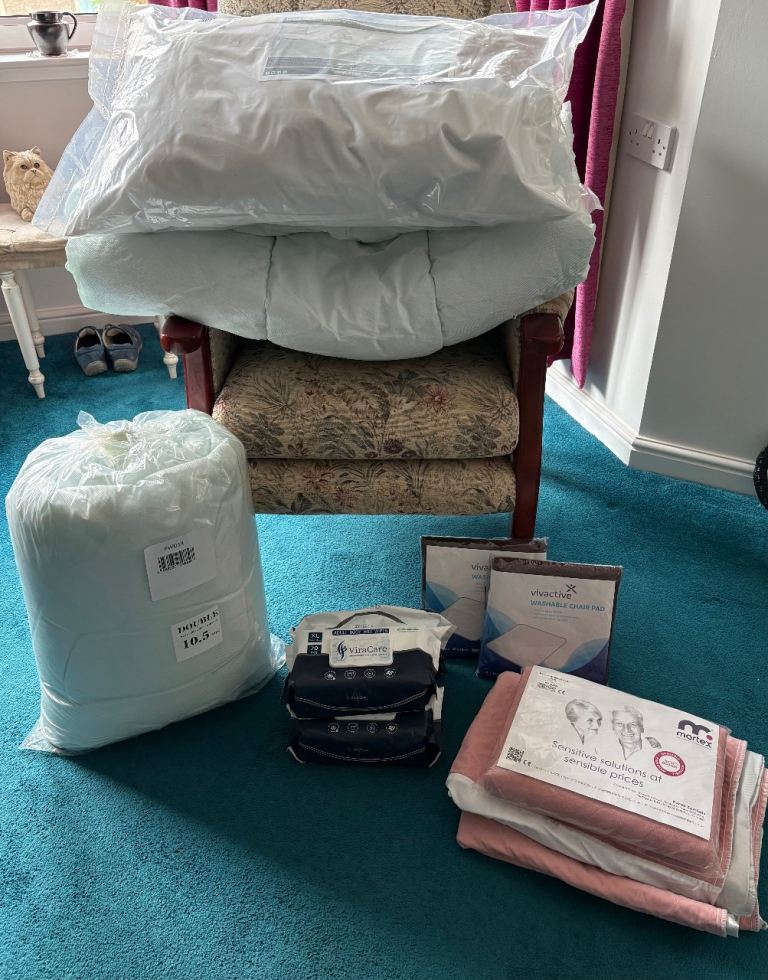 Incontinence Products: Waterproof Duvet Covers, Pillows, Chair Pads, Body Wipes, Etc, New or VG+