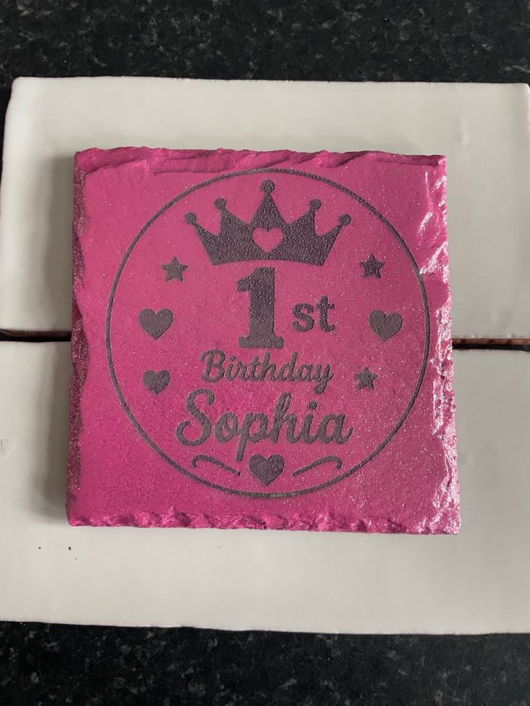 New Pink Slate Coaster - '1st Birthday Sophia' Design