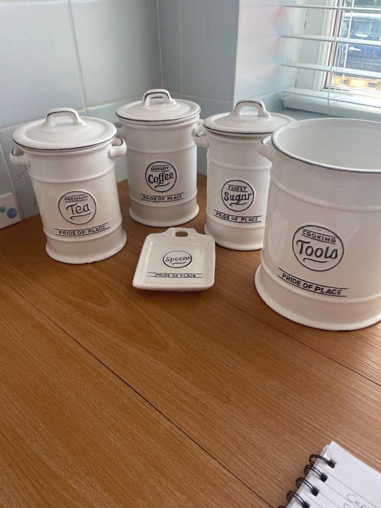 White Ceramic Kitchen Canisters & Tool Holder – Good Condition