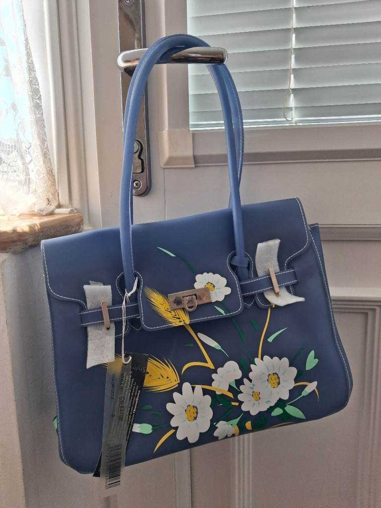 Lovely Blue Handbag with Floral Design – Brand New