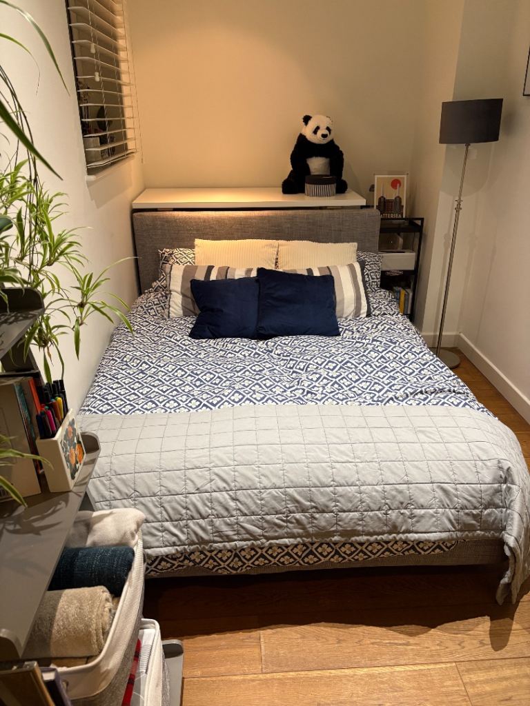 Grey Upholstered Fabric Double Bed Frame + Headboard - Good Condition, Quick Sale!