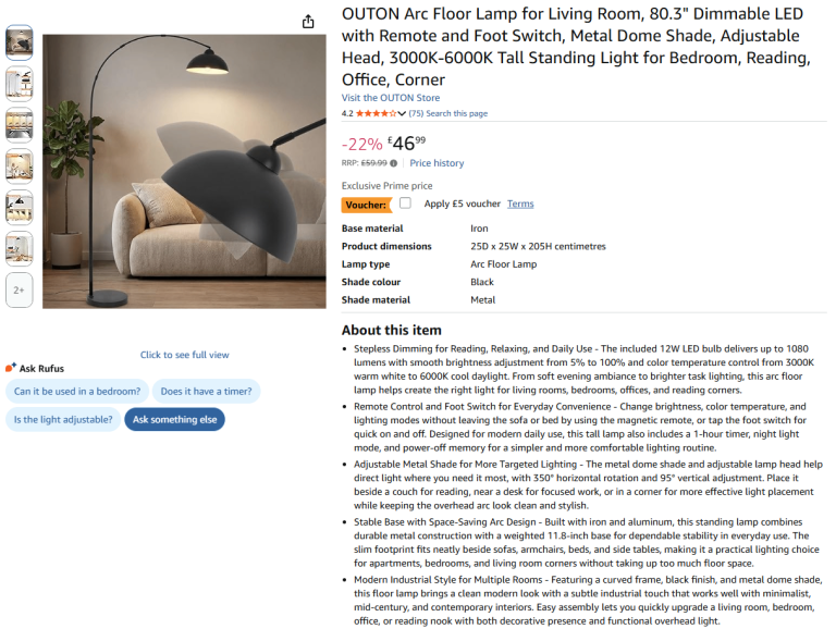 New Modern Arc Floor Lamp + Remote - Dimmable LED - Half Price