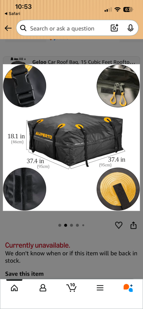 Roof bag for car or trailer