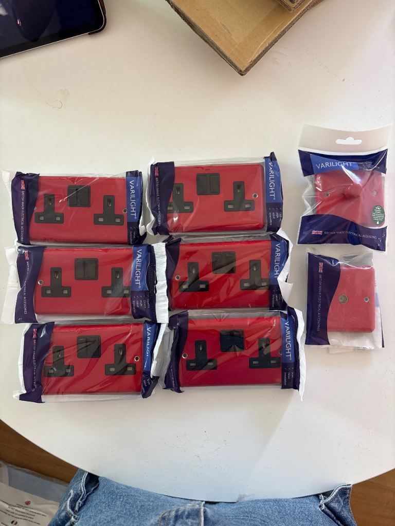 Varilight - 6 x red double sockets, dimmer switch, and TV socket