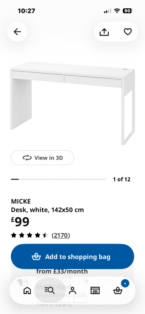 IKEA MICKE Desk, White, 142x50 cm – Good Condition