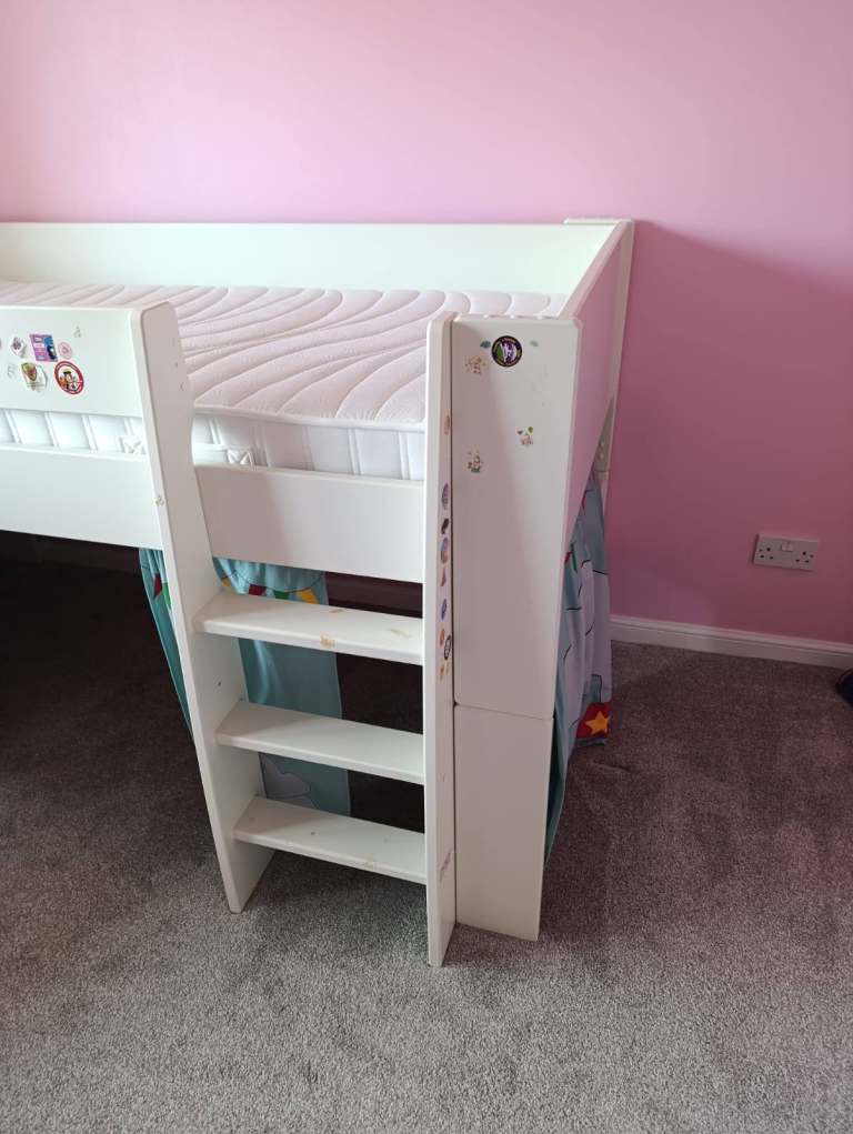 Kids White Wooden Bed with Slide and Ladder (Includes Den Curtains) Dismantled.