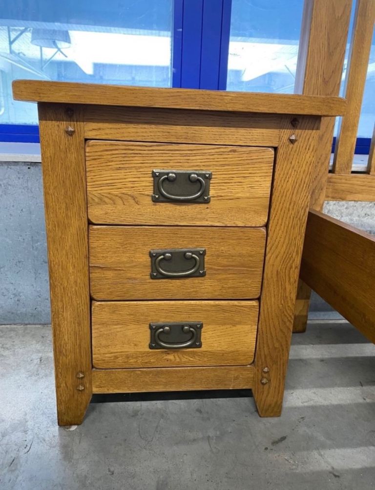 Solid Oak King Size Bed with Bedsides, Mirror and Tall Boy Chest of Drawers