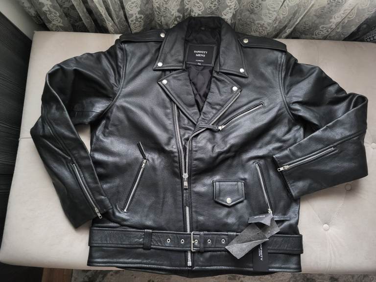 (NEW) INFINITY LONDON MENS BIKER LEATHER JACKET SIZE UK XL