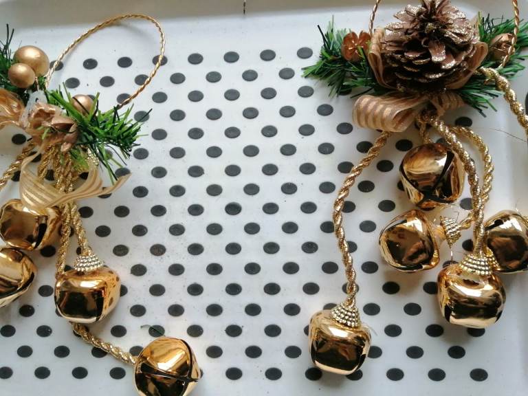 Cow Bells, gold rope Xmas decorations 