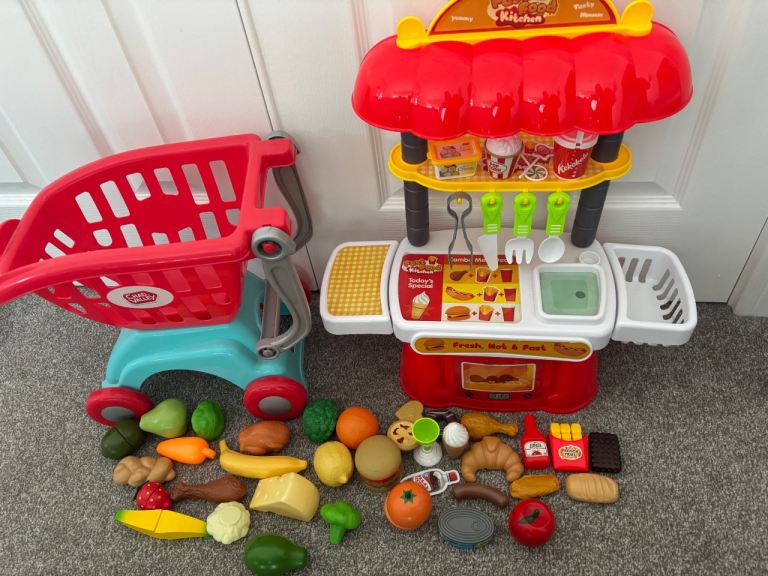 Kids Play Food Market Stall & Shopping Trolley with Accessories