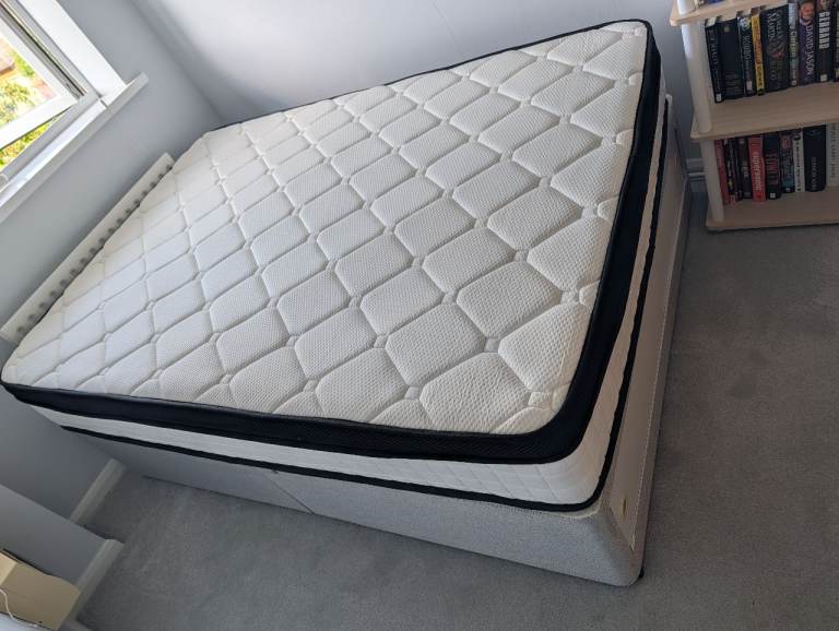 Double 4FT 6"  Grey Duvan Bed with Yaheetech Mattress -Sliding end door storage 