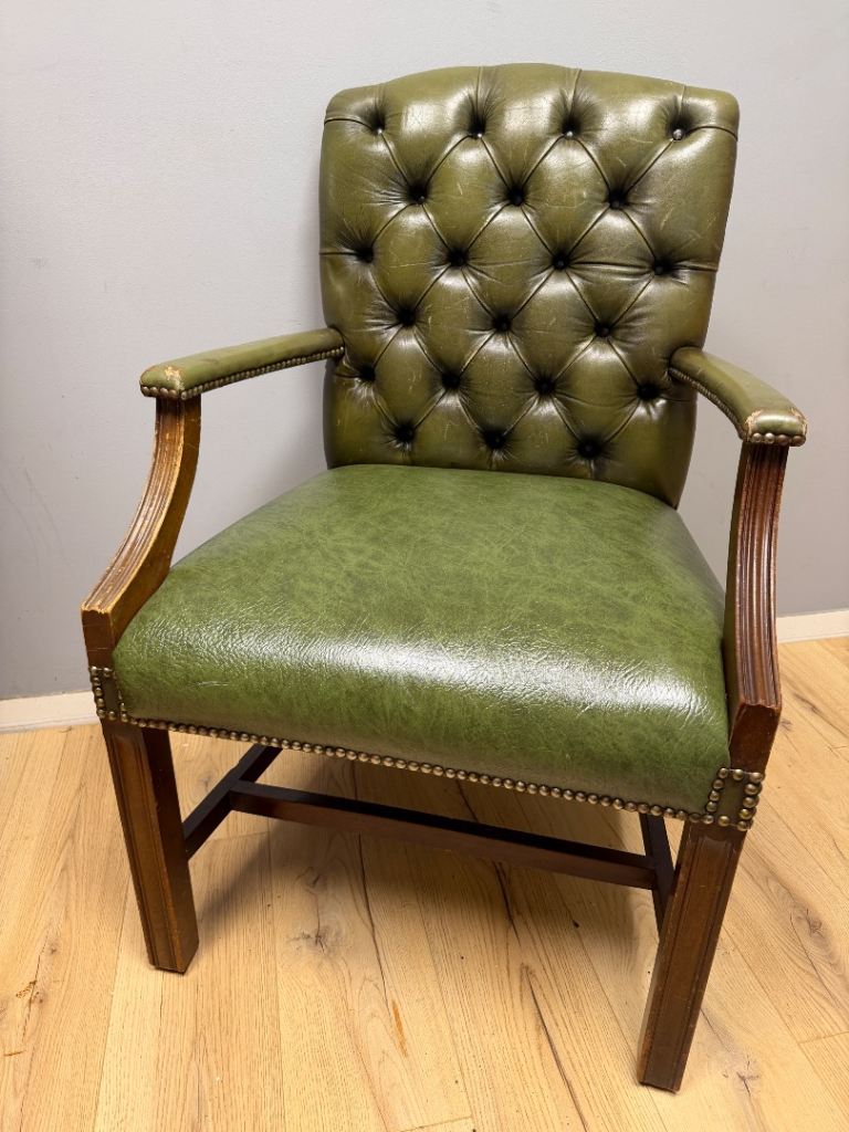 Vintage Green Chesterfield Leather Captain’s Office Desk Chair Mahogany Studded