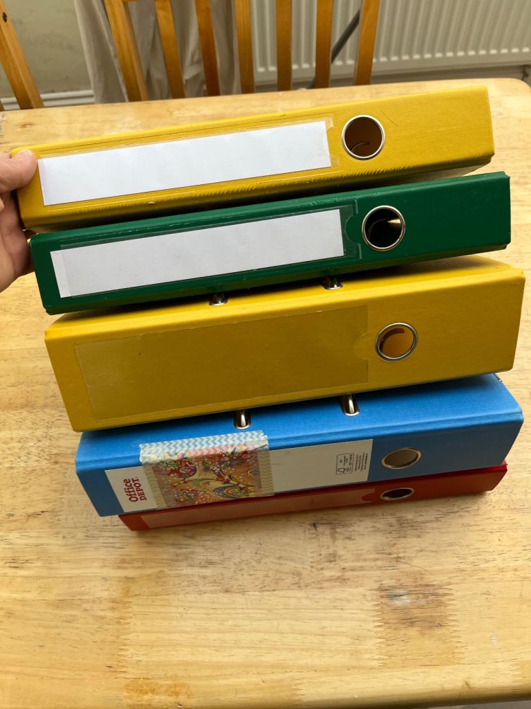 Stationery- 5 office lever arch folders A4, 2 fat, 3 inch hin