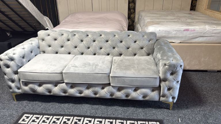 Lovely Grey Velvet Chesterfield Sofa – As Good As New