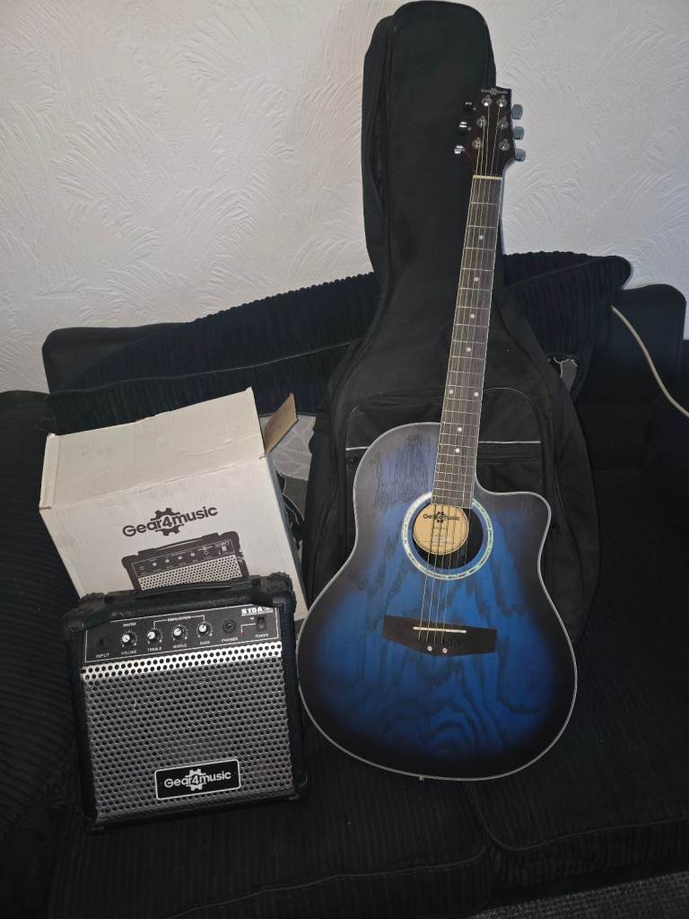 Roundback Electro Acoustic Guitar by Gear4music, Blue Burst and Gear4Music S15A 15W Electric Guitar