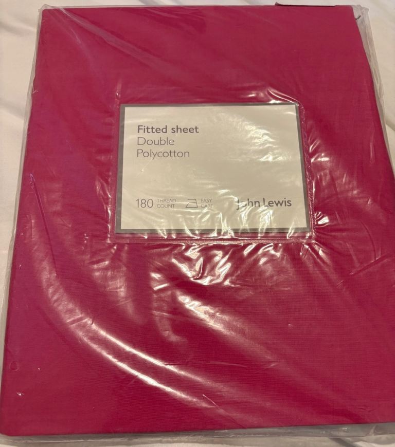 John Lewis Double Fitted Sheet Polycotton Magenta Solid Easy Care 180 TC