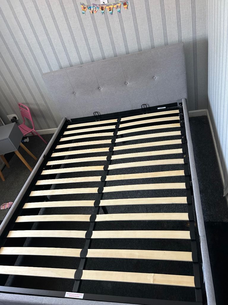 Grey Fabric Ottoman Storage Double Bed Frame – Good Condition