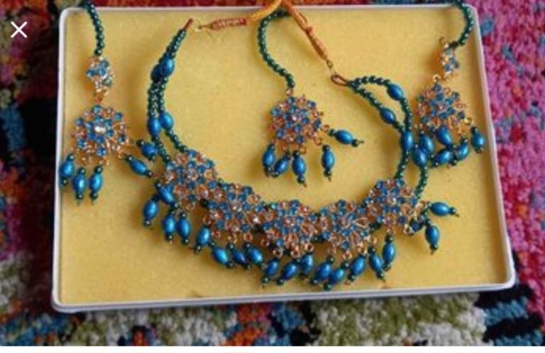 Ferosi light blue and gold indian pakistani traditional jewellery set