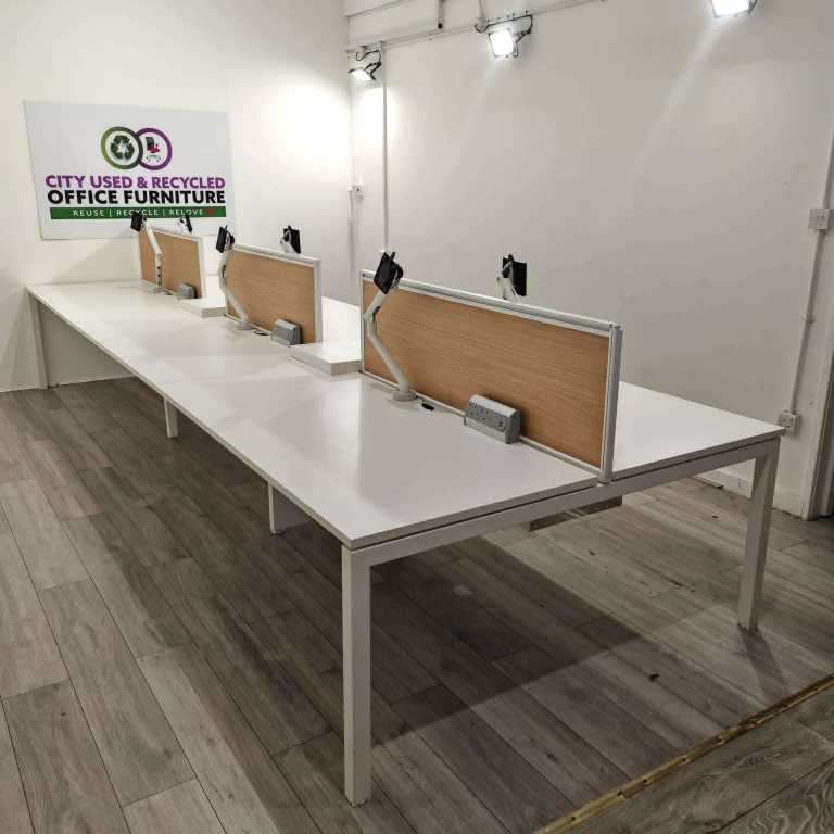 6 Person Office Desk Bench – White Workstation with Screens, Power & Monitor Arms – £169 + VAT
