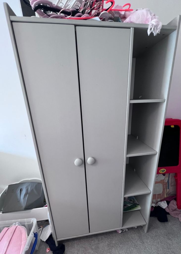 Children's Grey Wardrobe & Shelving Unit – Good Condition