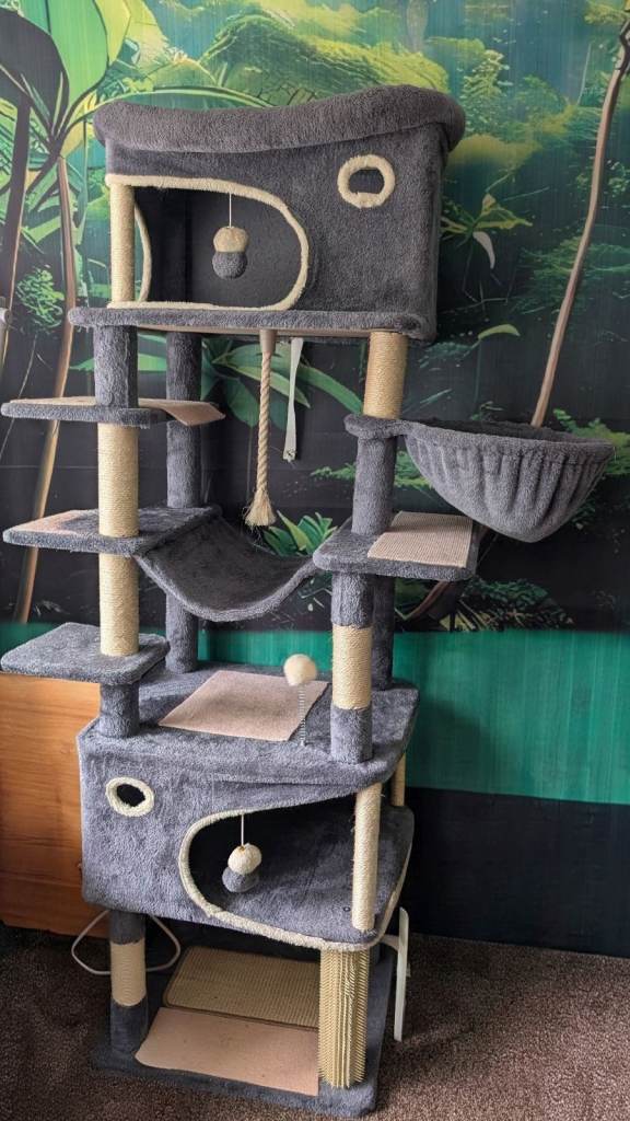 Tall Grey Cat Tree with Multiple Levels, Scratching Posts and Beds