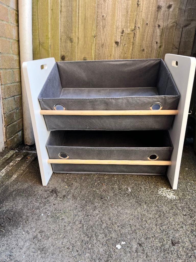 Children's White Wooden Storage Unit with Grey Bins