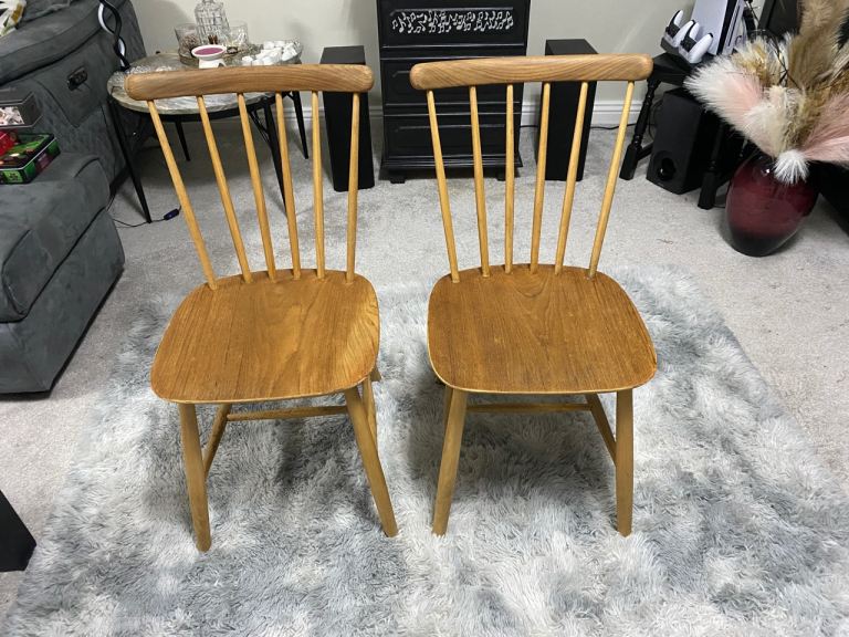 Vintage 2 x Original Danish Spindle Back Farmhouse Dining Chairs Stamped Denmark