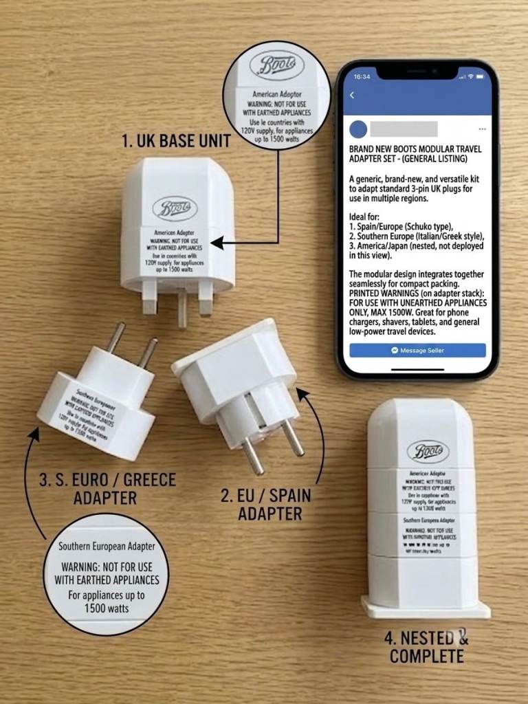 🌟 BRAND NEW BOOTS Modular Travel Adapter Set – Perfect for Spain, Europe & USA! 🌟