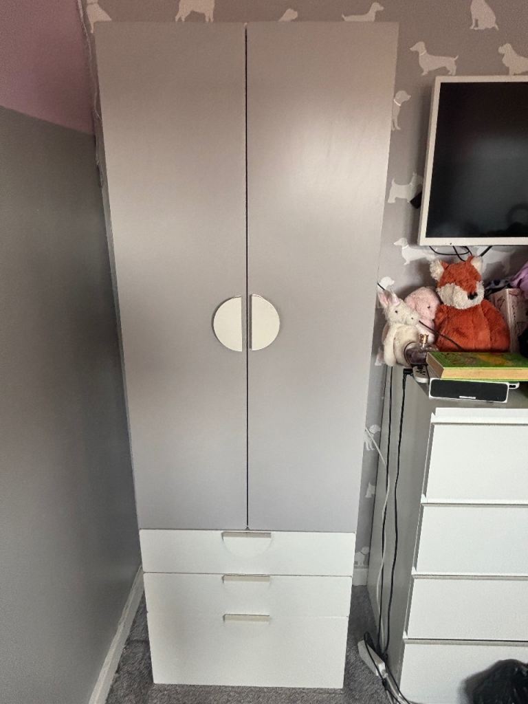 Grey and White kids Wardrobe with 3 Drawers