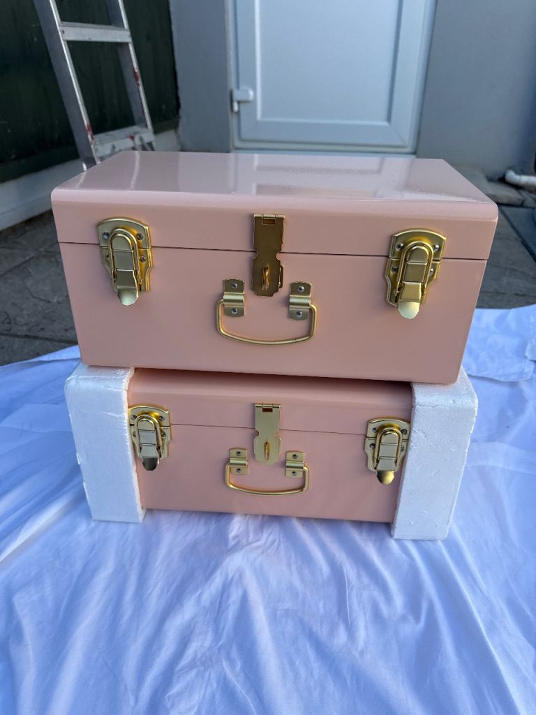 Pair of NEW Pink Metal Storage Trunks with Gold Clasps