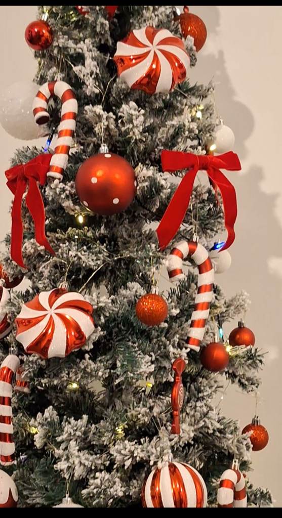 Snowy Flocked Christmas Tree with Decorations - Great Condition