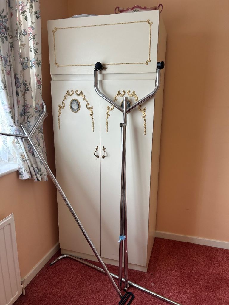 Two Cream Wardrobes, Drawer Unit with Mirror, and Bedside Drawer