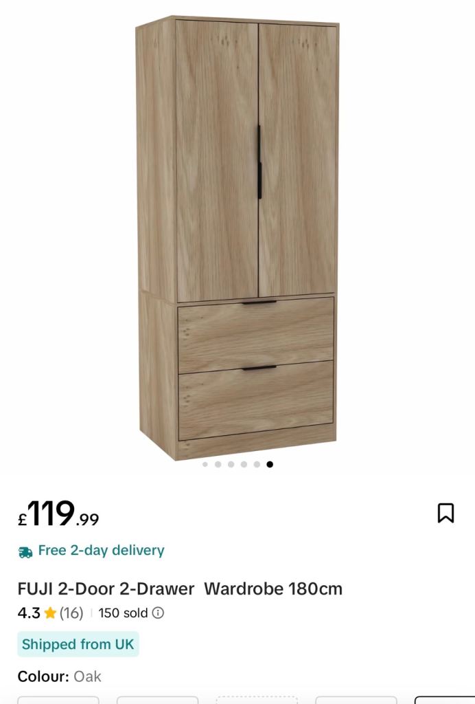  Fuji 2-Door 2-Drawer Minimalist Wardrobe – Oak Colour