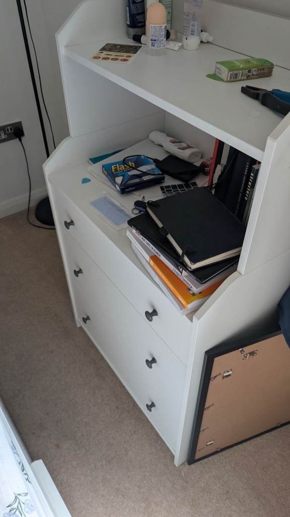 White Wooden Chest of Drawers with Integrated Shelf - Good Condition