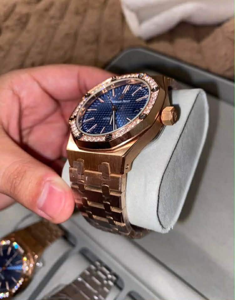 Rose Gold Tone Watch with Blue Face and Diamond Bezel – As Good As New