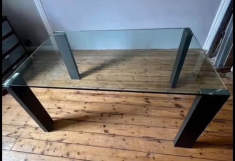 Dwell Beautiful Dining Table Glass & Walnut finish Legs 