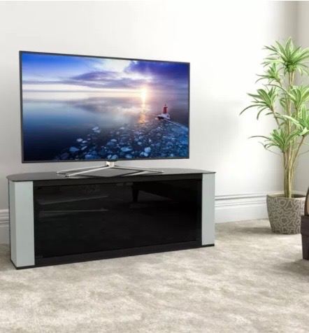 Corner TV Stand with Glass Top – Black & Silver