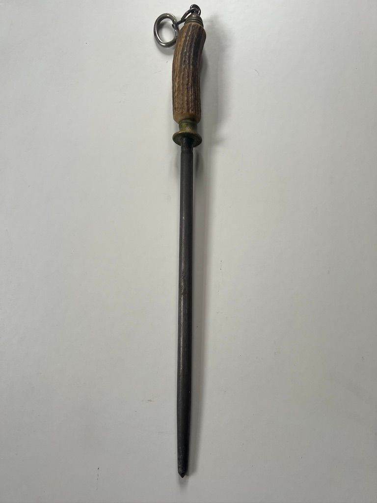 Vintage I.Wilson Butchers Sharpening Steel with Brass Fittings & Stag Antler Handle