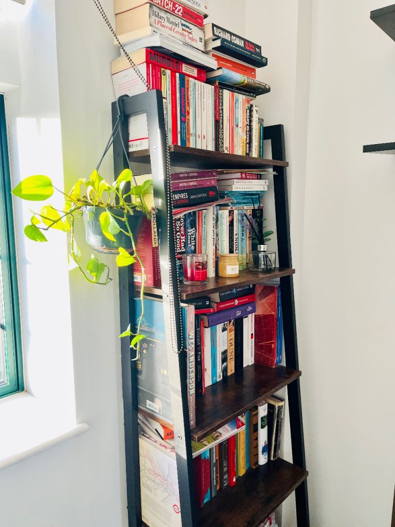 image for Dark Wood & Black Metal Ladder Bookcase