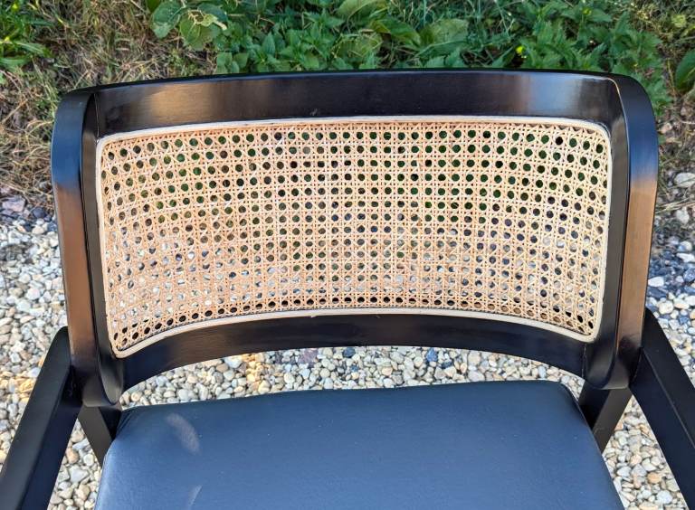 Pair Rattan Back Black Carver Dining Chairs - Occasional Armchairs Cafe Chairs